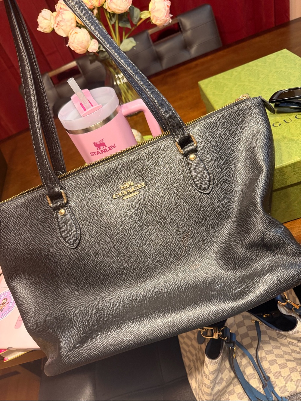 Coach Black Pebbled Leather Tote with Gold Logo